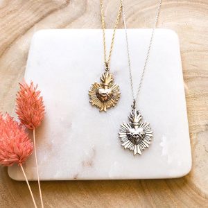 Sacred Heart Necklace in sterling silver or yellow bronze