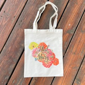 Hail Mary zinnia single-sided medium Catholic tote bag, Great for Mass, Bible Study