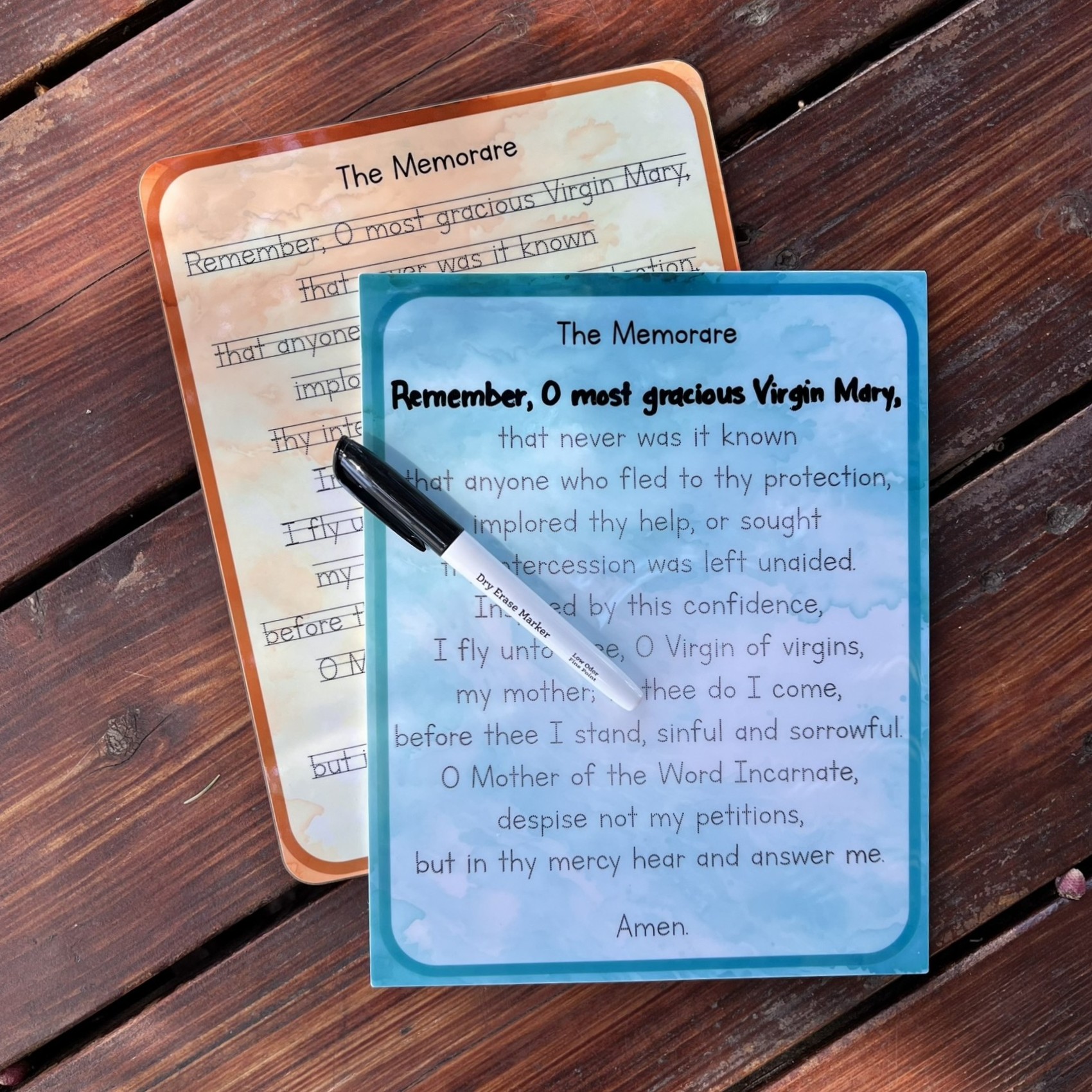 Memorare customizable prayer tracing practice - dry-erase board