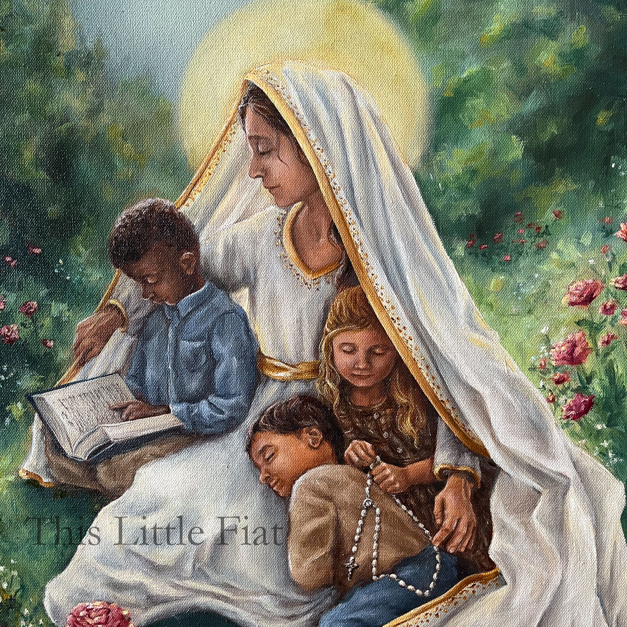 Mantle of Mary painting with three young children