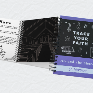 Notebook with 'Trace Your Faith Around the Church' text and illustrations and an open book with text on one page and a illustration on a scratch art page with two wooden styluses on a white crinkled paper background