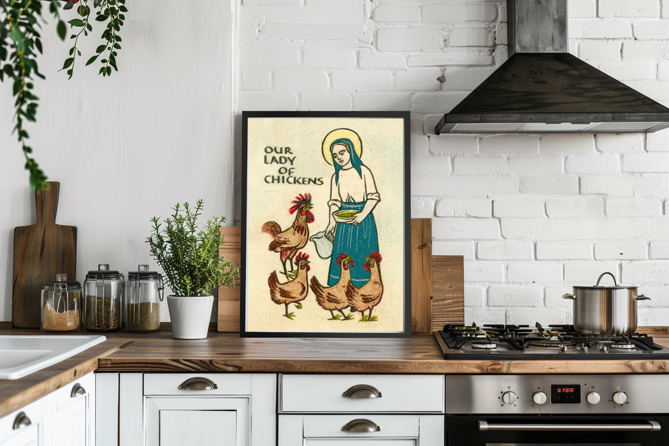 Our Lady of Chickens Art Print | Catholic Land Movement Art for Homestead