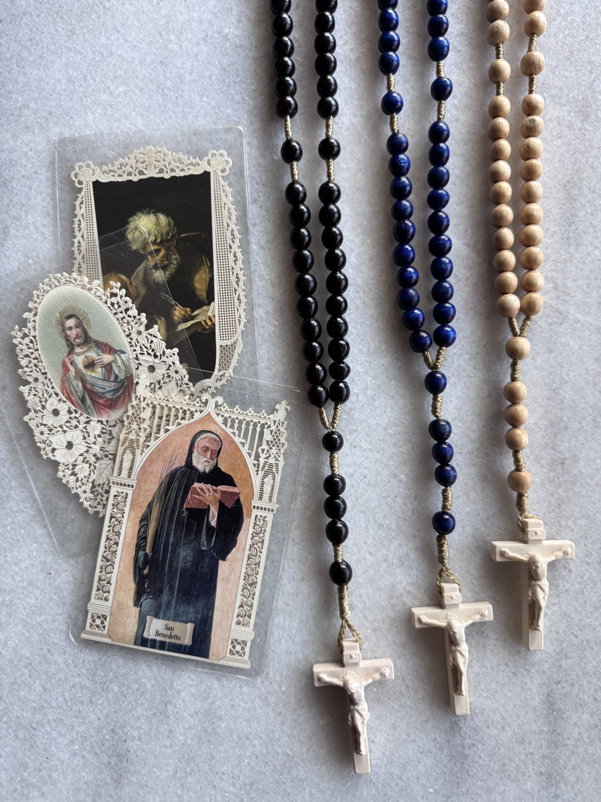 Holy Trinity Rosary Set – Three Hand-Carved Italian Wood Rosaries with Catholic Holy Cards - Image 4