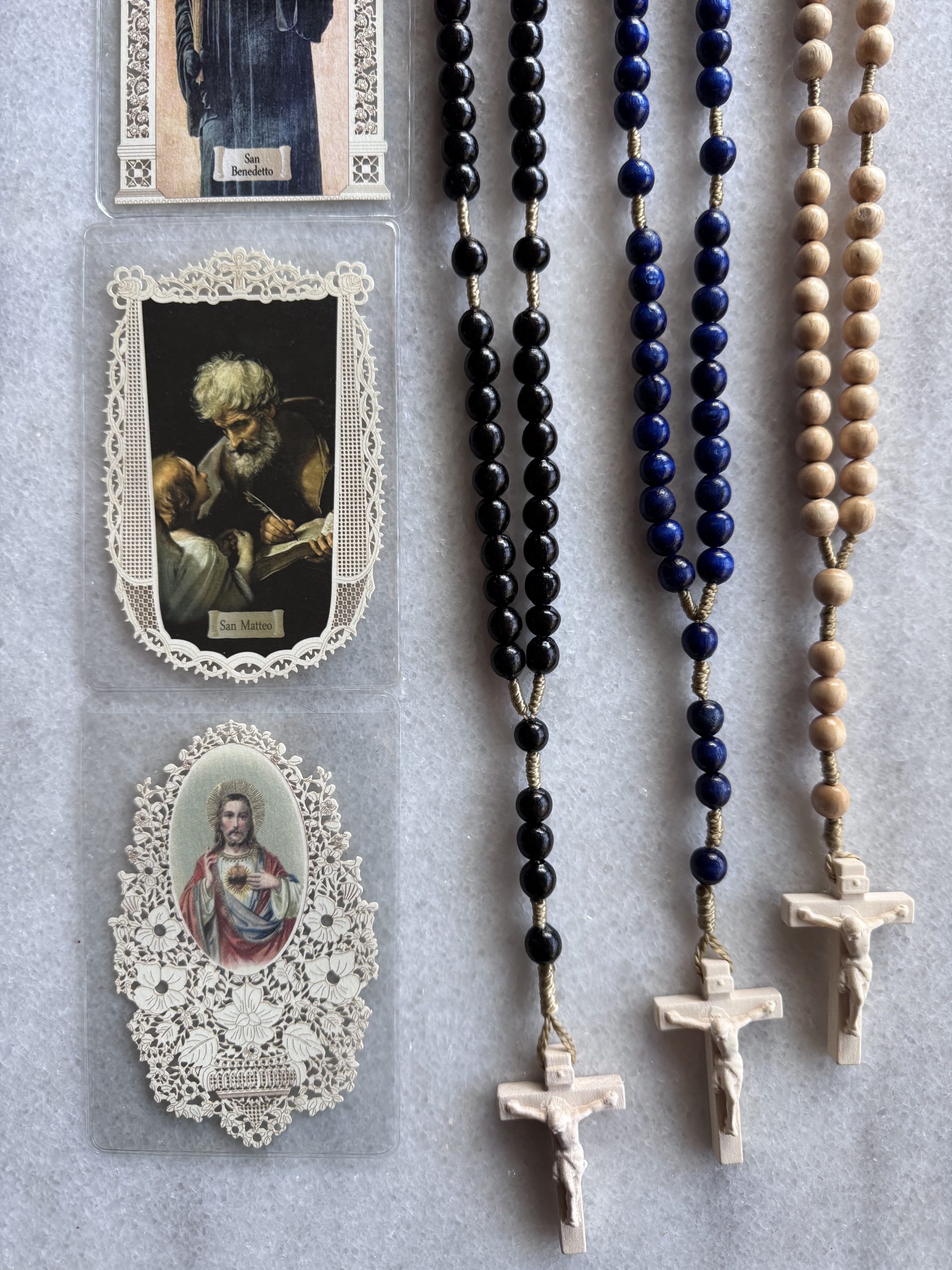 Holy Trinity Rosary Set – Three Hand-Carved Italian Wood Rosaries with Catholic Holy Cards - Image 5