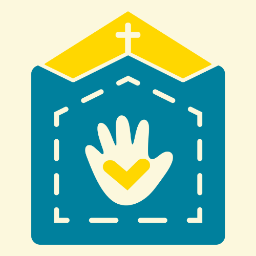 Campio Kids Store logo, image of a pentagon with a cross at the top in yellow similar to a roof, in the base of the square is a hand with a heart in the middle and the hand is surrounded by stitch lines