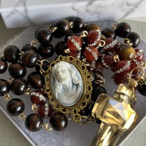 Handmade Agate Cameo Rosary: Wooden Prayer Beads, Glass Crucifix