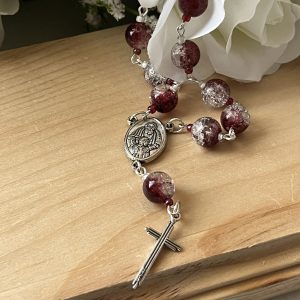 Handmade Car Rosary – Burgundy Crackle Glass Beads, Prodigal Son Centerpiece