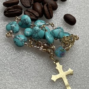 Reconstructed Turquoise Car Rosary – Gold Tone Catholic Auto Rosary, Marian Centerpiece