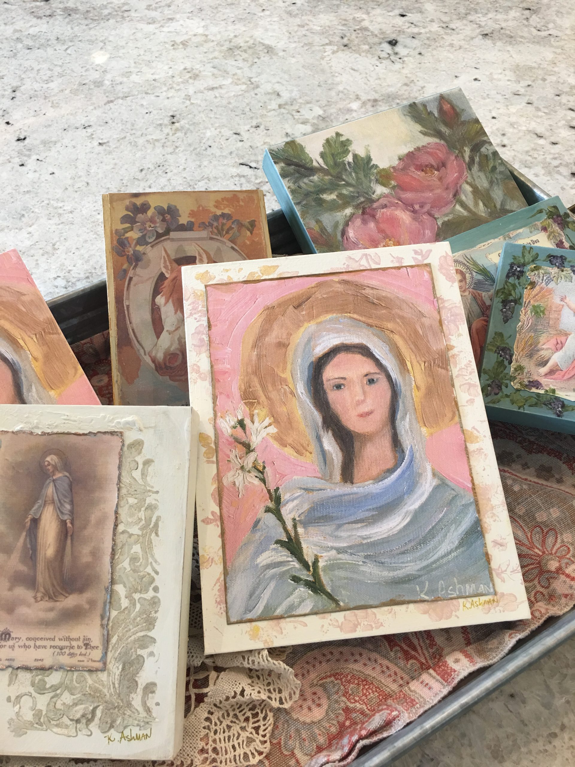 Virgin Mary Art Print on Wood: Lily of the Valley, Rose Floral - Image 2