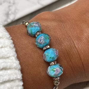 Sterling Silver Plated Sliding Bracelet with Handcrafted Floral Glass Beads