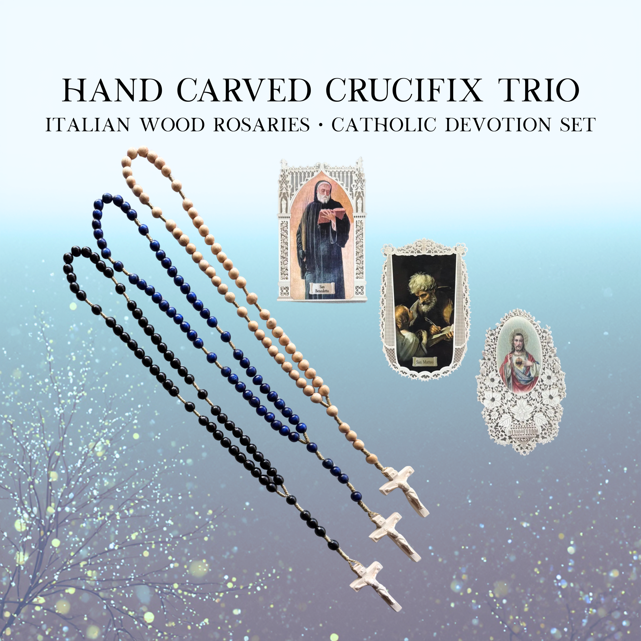 Holy Trinity Rosary Set – Three Hand-Carved Italian Wood Rosaries with Catholic Holy Cards