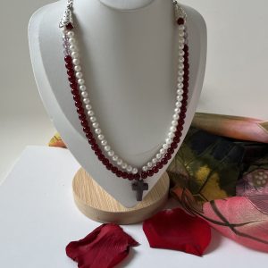 Double Strand Pearl Necklace: Red Carnelian & Gemstone Cross