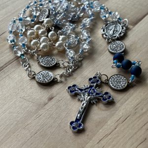 Handmade Glass Crystal Rosary: Blue Accents, Rhinestone Beads, Miraculous Medal