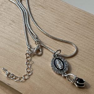 Our Lady of Guadalupe Necklace: Rhinestone Halo, Black Stone - Sterling Silver Plated