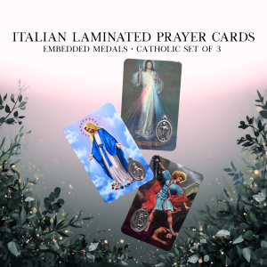 Italian Laminated Catholic Prayer Cards with Embedded Medals Set