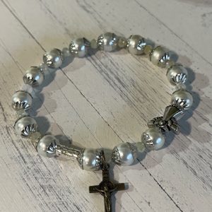 White Pearl Rosary Bracelet: Catholic Stretch Bangle, Bronze Crucifix