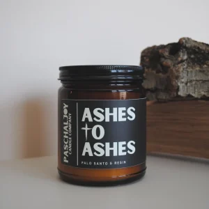 Ashes to Ashes Catholic Candle with wood background