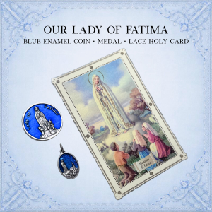 Our Lady of Fatima Pocket Coin Set – Blue Enamel Catholic Medal & Lace Holy Card