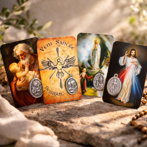 Italian Laminated Catholic Prayer Cards with Medals – Set of 4