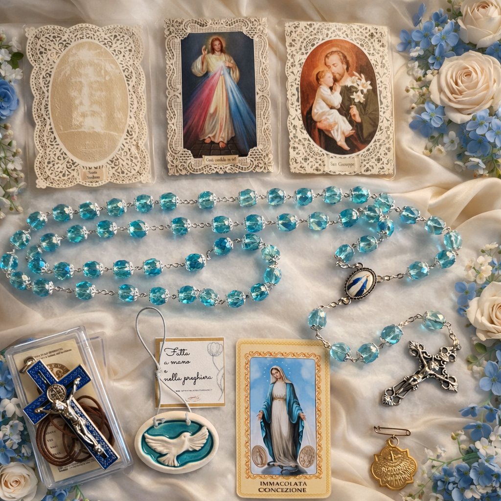 Blue Aurora Borealis Crystal Rosary Gift Box | Italian Handmade Catholic Devotional