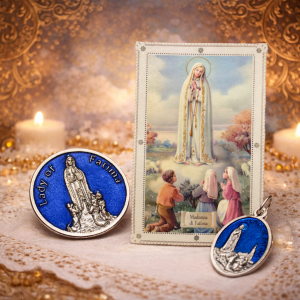 Our Lady of Fatima Pocket Coin Set – Blue Enamel Catholic Medal & Lace Holy Card