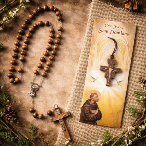 San Damiano Cross & Olive Wood Rosary Gift Set | Franciscan Catholic Devotion