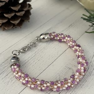Kumihimo Beaded Bracelet: Light Pink Czech Seed Beads, Woven Spiral