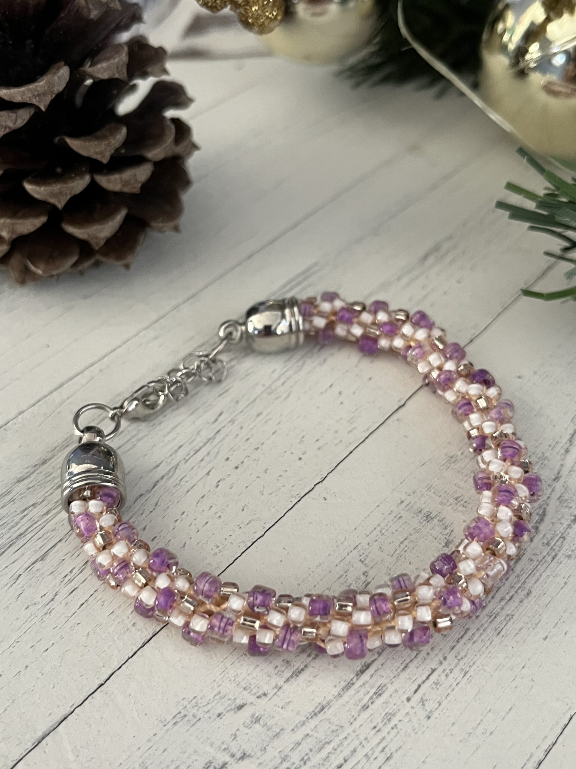 Kumihimo Beaded Bracelet: Light Pink Czech Seed Beads, Woven Spiral