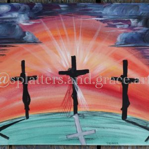 Fine art print of the three crosses silhouetted against a red orange sky on Good Friday