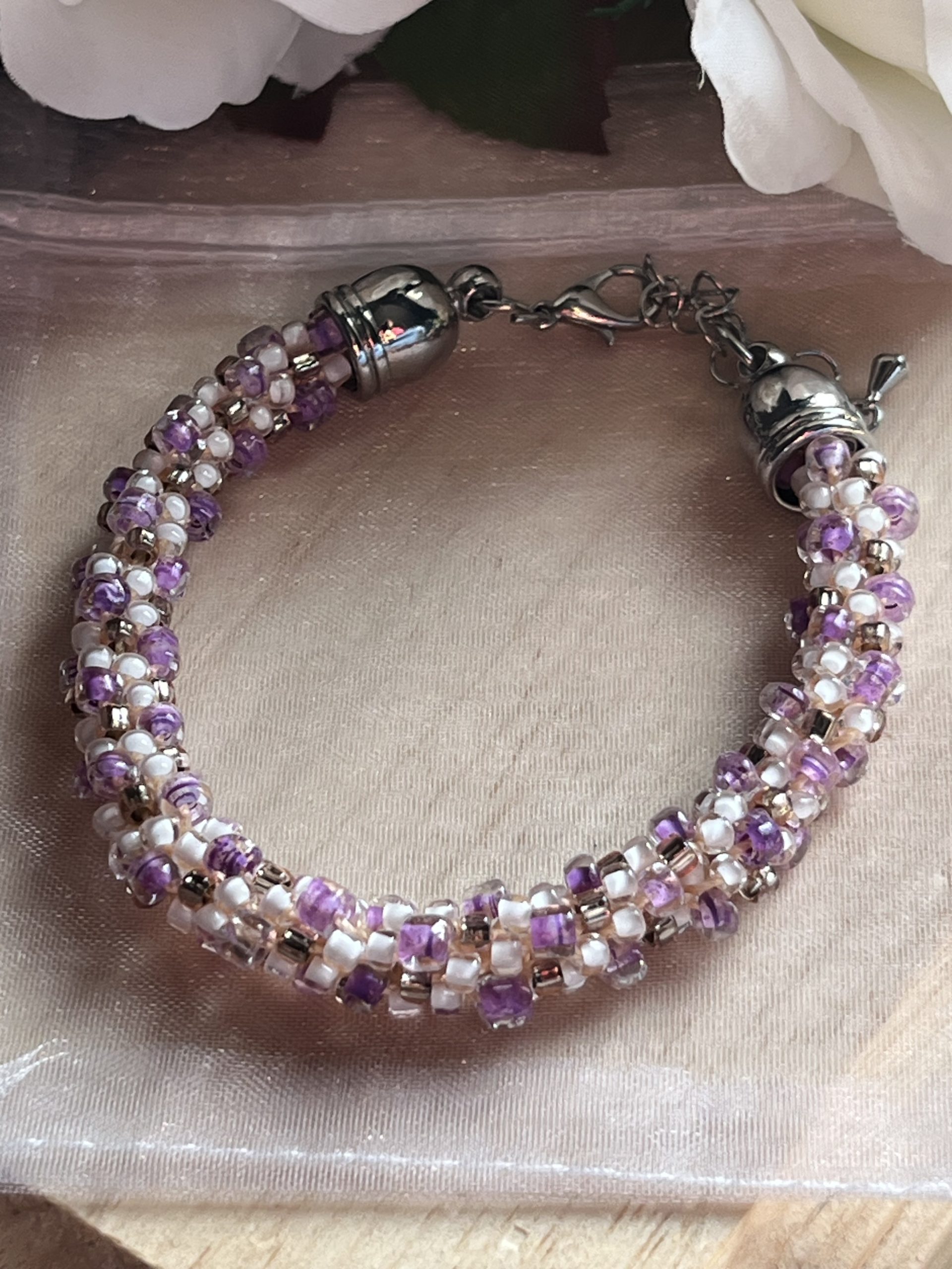 Kumihimo Beaded Bracelet: Light Pink Czech Seed Beads, Woven Spiral - Image 2