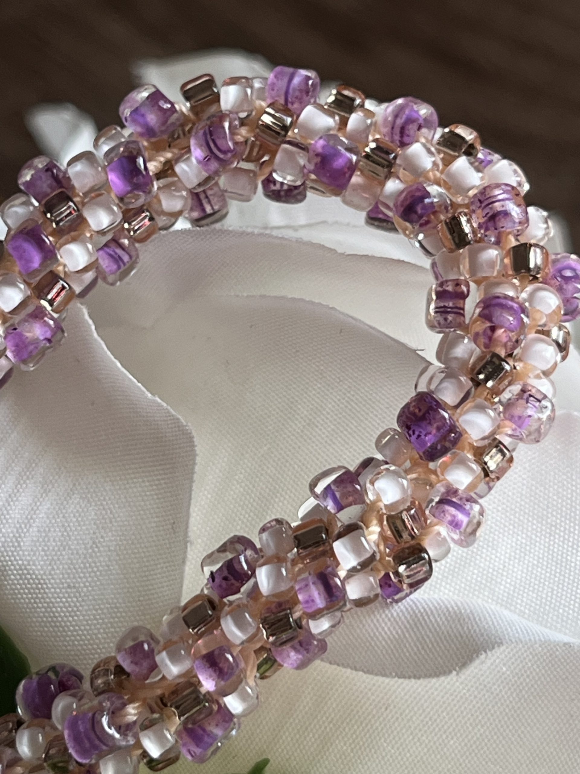 Kumihimo Beaded Bracelet: Light Pink Czech Seed Beads, Woven Spiral - Image 4