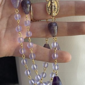 Lavender Glass and Amethyst Handmade Rosary - St. Castor