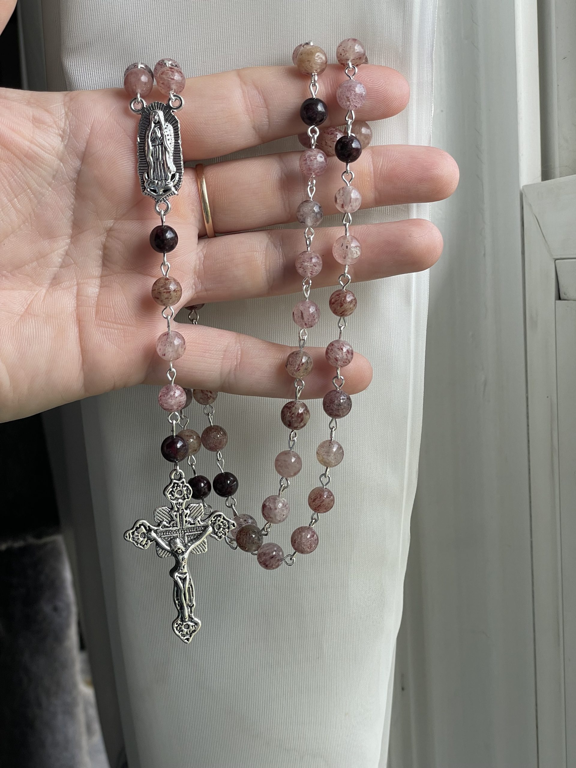 Strawberry Quartz and Garnet Handmade Gemstone Rosary - St. Balbina - Image 4