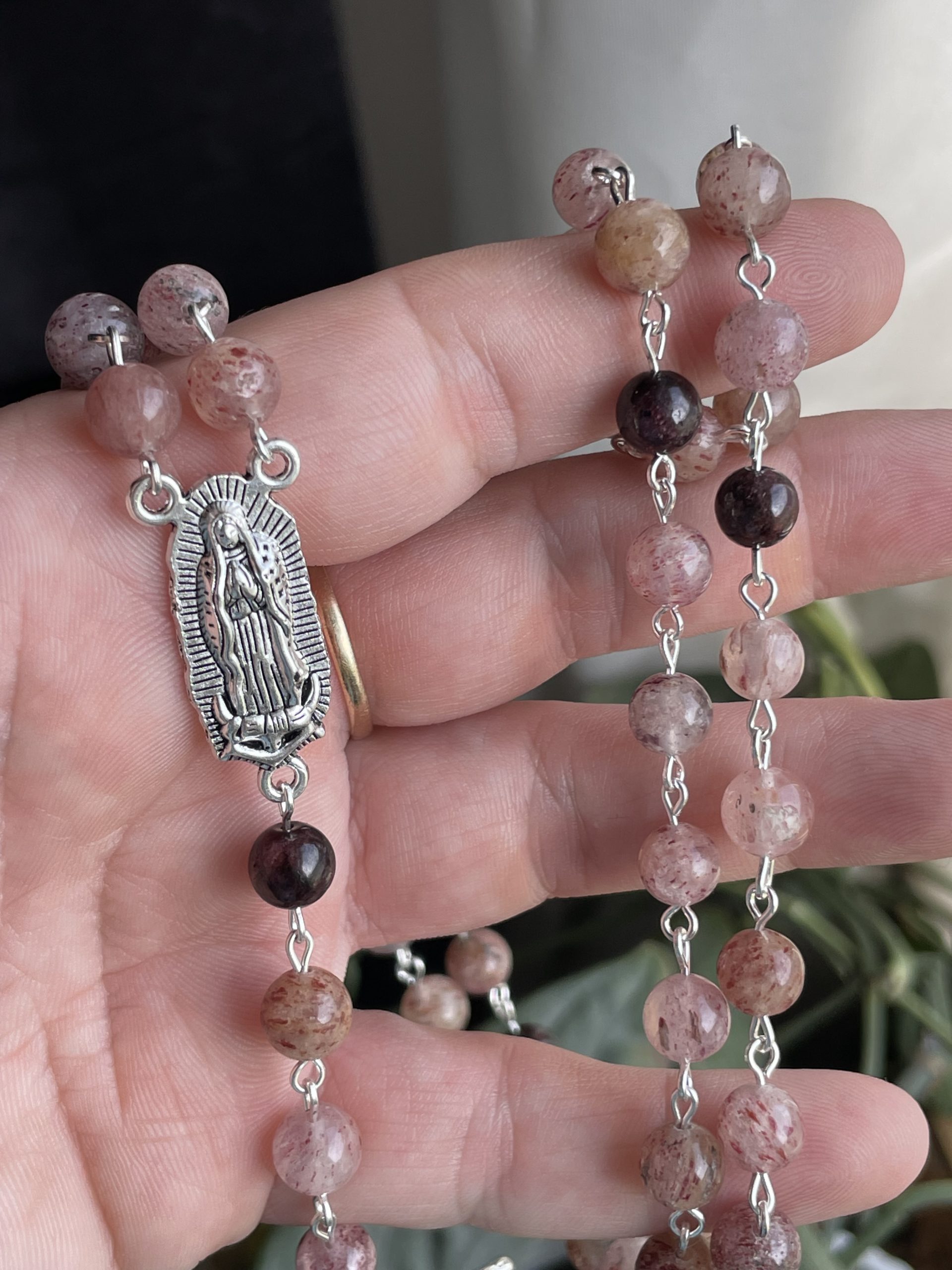 Strawberry Quartz and Garnet Handmade Gemstone Rosary - St. Balbina