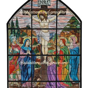 Watercolor painting of the Crucifixion stained glass window
