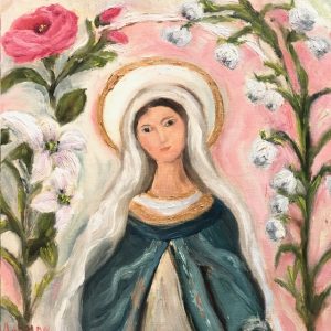Virgin Mary Art Print on Wood: Lily of the Valley, Rose Floral