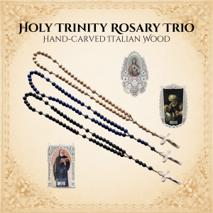 Holy Trinity Rosary Set – Three Hand-Carved Italian Wood Rosaries with Catholic Holy Cards
