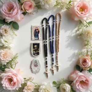 Holy Trinity Rosary Set – Three Hand-Carved Italian Wood Rosaries with Catholic Holy Cards