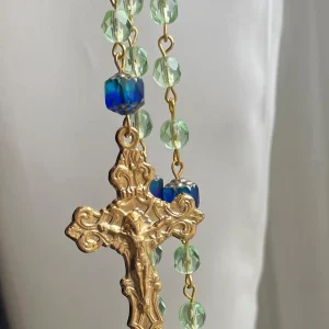 Blue and Green Czech Glass Handmade Rosary - St. Siricius