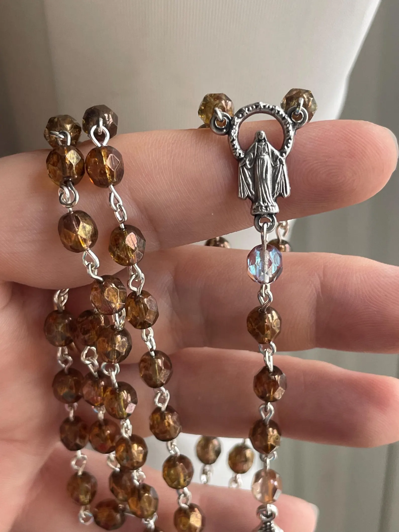 Tan and Cream Czech Glass Handmade Rosary - St. Sabas the Sanctified