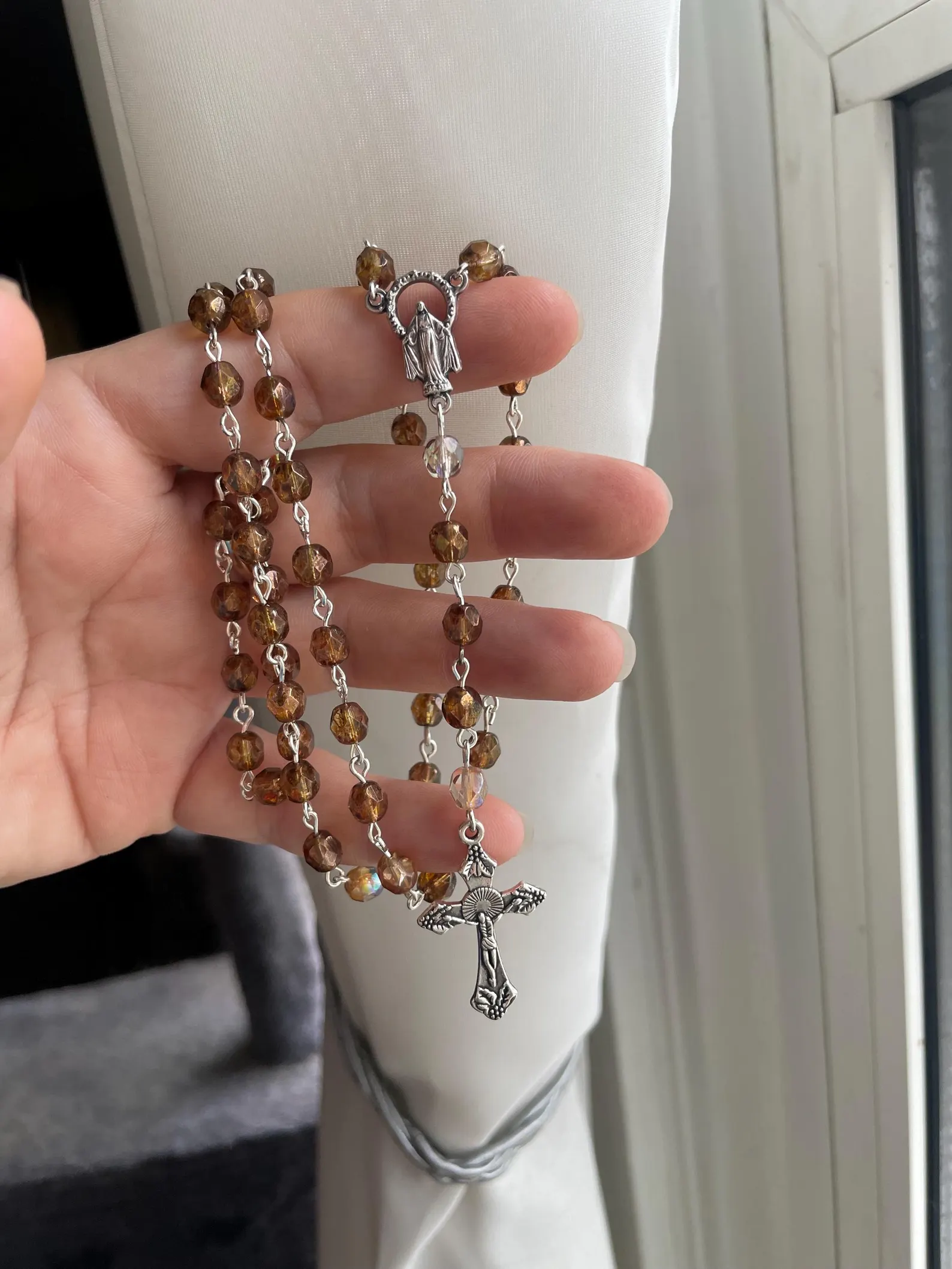 Tan and Cream Czech Glass Handmade Rosary - St. Sabas the Sanctified - Image 2