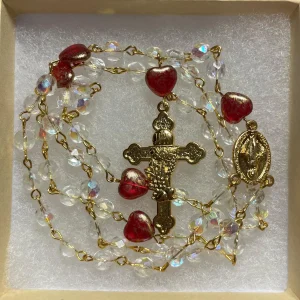 Crystal Clear Czech Glass with Red Hearts Handmade Rosary - St. Barbara