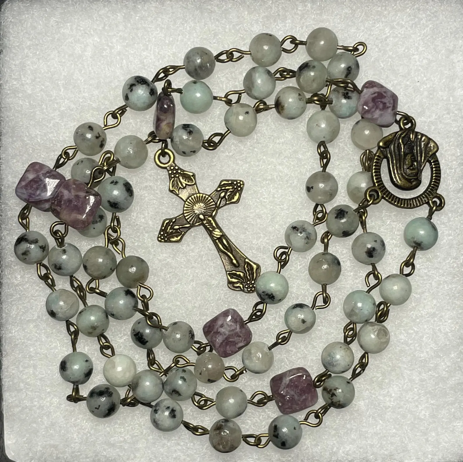 Kiwi Jasper and Lepidolite Handmade Gemstone Rosary - St. Thorlak