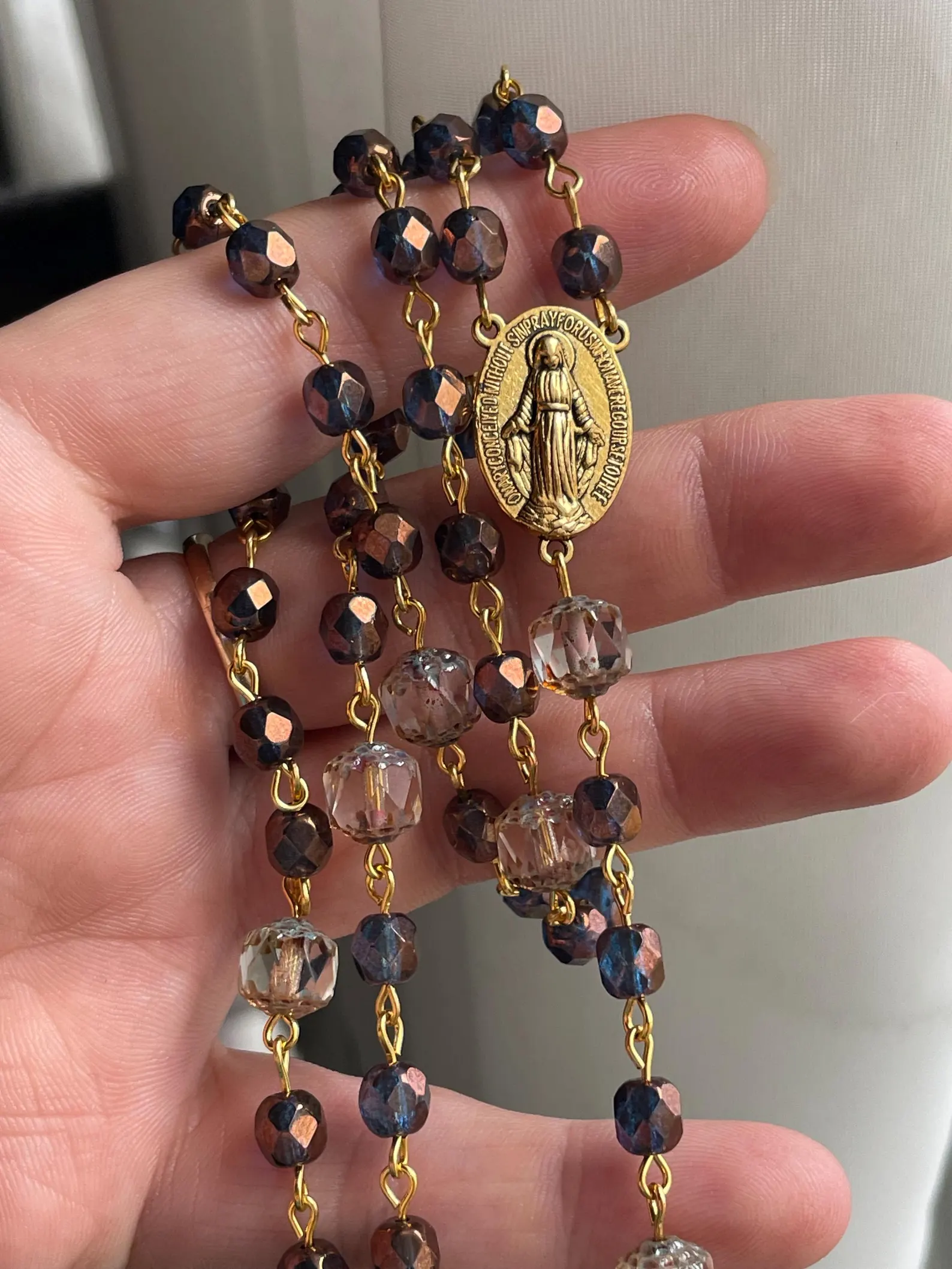 Chocolatey Blue Czech Glass Handmade Rosary - St. Eugenia - Image 2