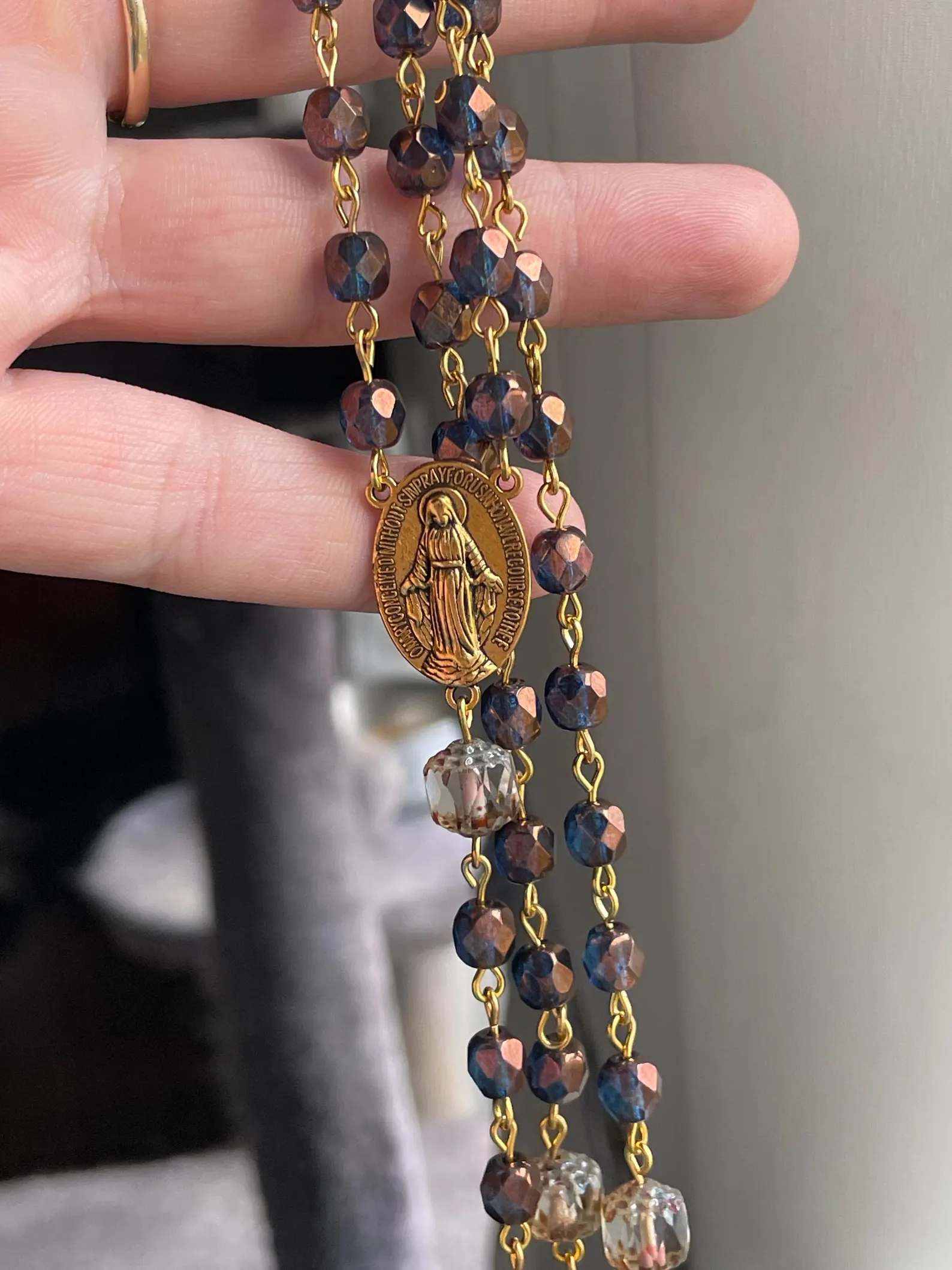 Chocolatey Blue Czech Glass Handmade Rosary - St. Eugenia - Image 3