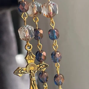 Chocolatey Blue Czech Glass Handmade Rosary - St. Eugenia