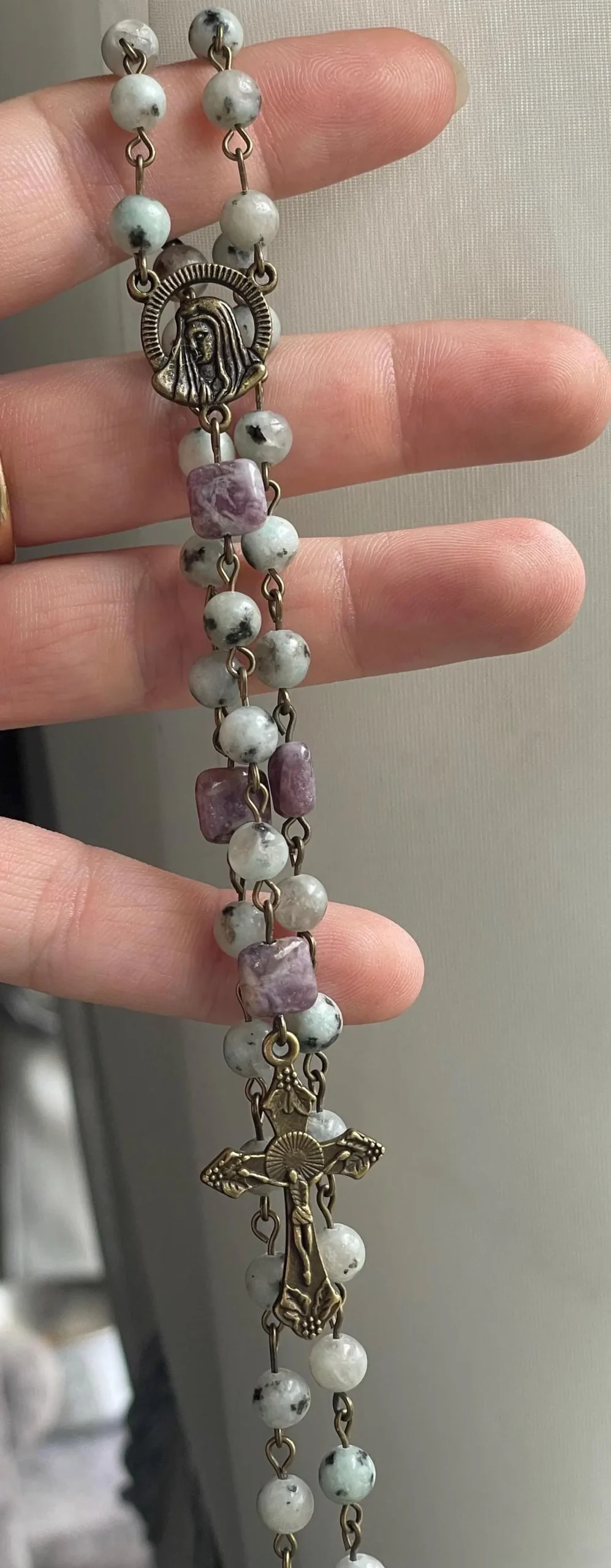 Kiwi Jasper and Lepidolite Handmade Gemstone Rosary - St. Thorlak - Image 4