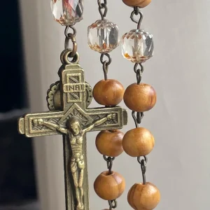 Pine Wood Rosary with Clear Czech Glass Beads- Our Lady of Loreto