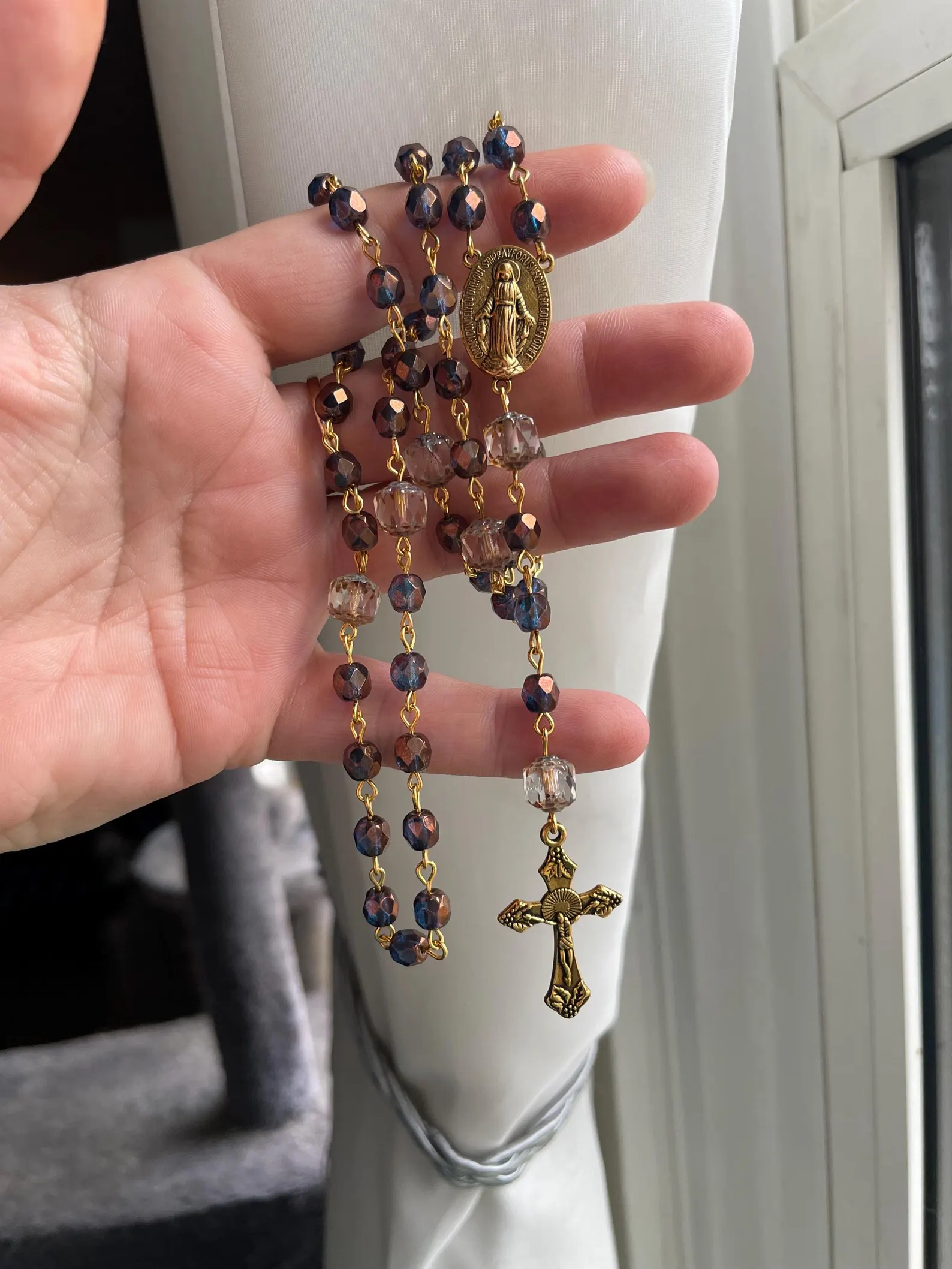 Chocolatey Blue Czech Glass Handmade Rosary - St. Eugenia - Image 4