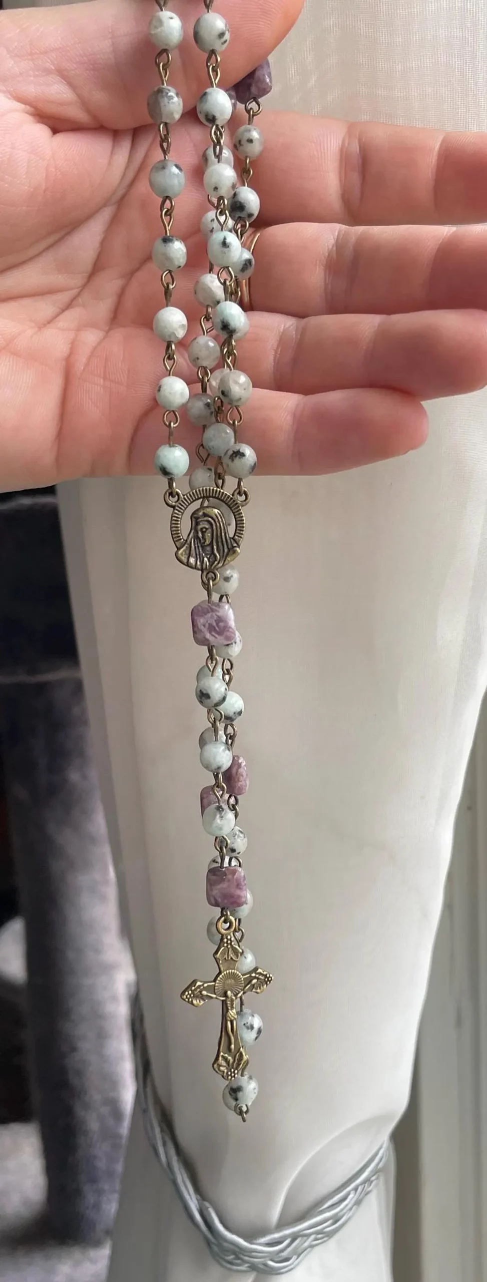 Kiwi Jasper and Lepidolite Handmade Gemstone Rosary - St. Thorlak - Image 3